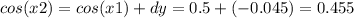 cos(x2) = cos(x1)+dy = 0.5 + (-0.045) = 0.455