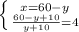 \left \{ {{x=60-y} \atop {\frac{60-y+10}{y+10} =4}} \right.