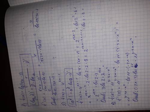 Найти производную функции 1) f(x)=lg(4x-2) 2)f(x)=4 в степени 6х-1 3)f(x)=11 в степени 3-5х-х^2