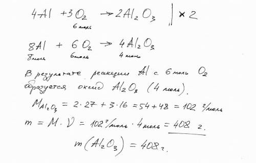 Сколько граммов оксида алюминия образуется при реакции алюминия с 6 моль кислорода? дано и ответ)