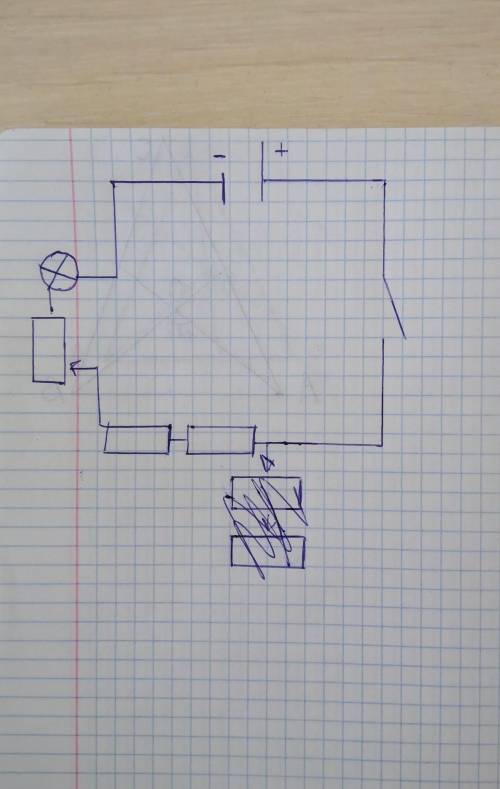 Составьте схему электрической цепи, состоящей из таких элементов как: аккумулятор, ключ, 2 , реостат