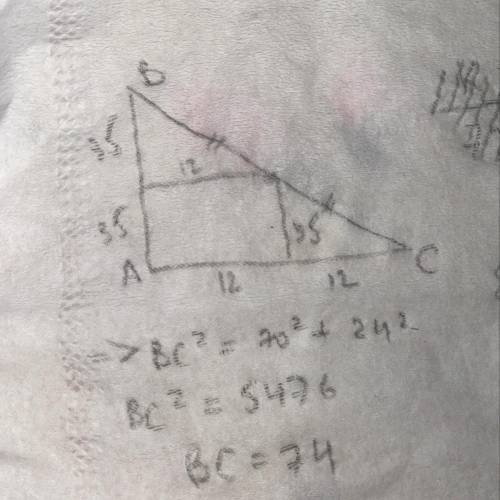 Найти гипотенузу прямоугольного треугольника если расстояние от середины гипотенузы до катетов 12см