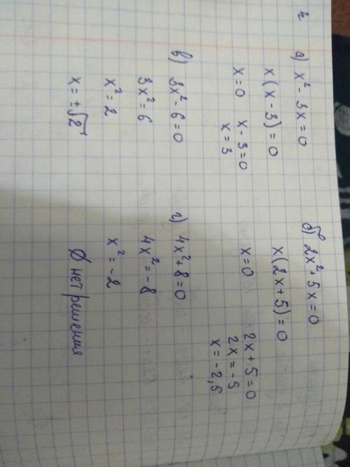 Решите неполные квадратные уравнения: а)х^2-3x=0, б)2х^2+5x=0, в)3х^2-6=0, г)4х^2+8=0. ! :