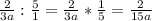 \frac{2}{3a} :\frac{5}{1} = \frac{2}{3a} * \frac{1}{5} = \frac{2}{15a}