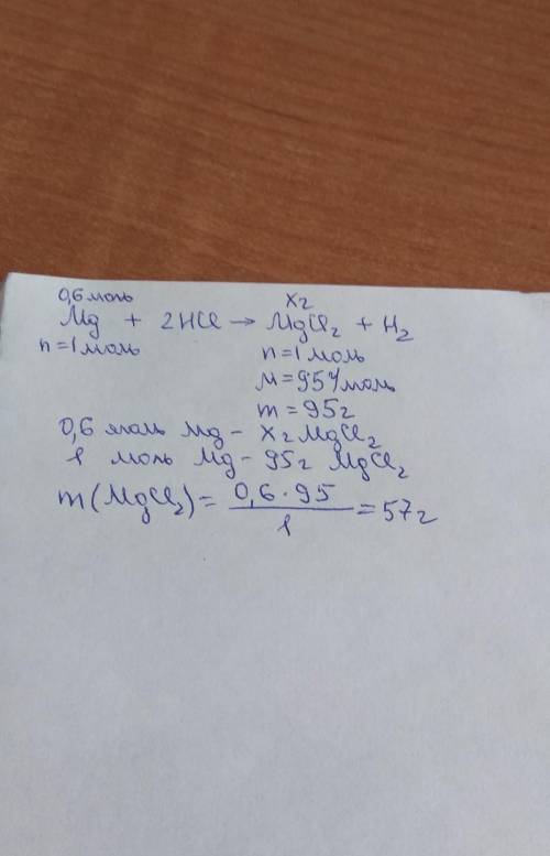 Магния количеством вещества 0,6 моль растворили в соляной кислоте. вычеслите массу образовавшейся со