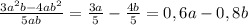 \frac{3a^{2}b-4ab^{2}}{5ab}=\frac{3a}{5}-\frac{4b}{5}=0,6a - 0,8b