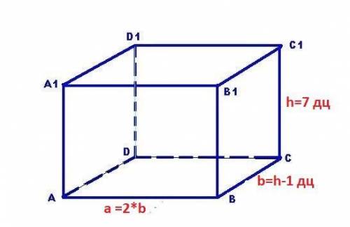Высота прямоугольника паралепипеда равна 7дц ширина на 1 дц менше высоты , а длина в 2 раза больше ш