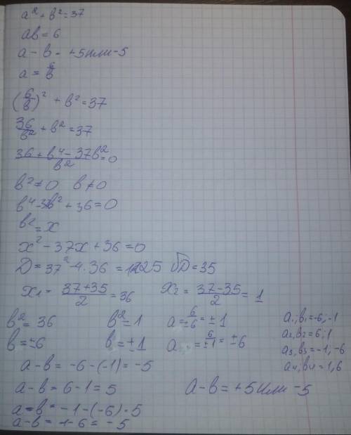 Известно, что а2 + b2 = 37, ab = 6. найдите значение выражения a – b.