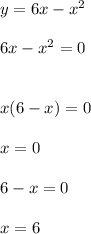 y = 6x - x ^{2} \\ \ \\ \ 6x - x^{2} = 0 \\ \\ \\ x(6 - x) = 0 \\ \\ x = 0 \\ \\ 6 - x = 0 \\ \\ \ x = 6