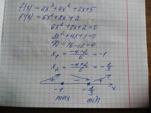 Найди экстремумы функции f(x)=2x3+4x2+2x+5. максимум в точке х= минимум в точке х= (ответы должны бы