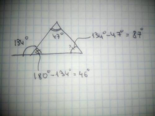 Зовнишний кут трикутника =134° а внутрішній кут не сумижней із ним 47° знайти невідомий кут трикутни