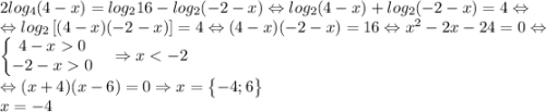 2log_4(4-x)=log_216-log_2(-2-x)\Leftrightarrow log_2(4-x)+log_2(-2-x)=4\Leftrightarrow \\\Leftrightarrow log_2\left [ (4-x)(-2-x) \right ]=4\Leftrightarrow (4-x)(-2-x)=16\Leftrightarrow x^2-2x-24=0\Leftrightarrow \\\left\{\begin{matrix}4-x0 & \\ -2-x0 & \end{matrix}\right.\Rightarrow x