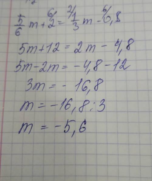 [tex] \frac{5}{6}m + 2 = \frac{1}{3}m - 0.8 \\ \frac{7}{12} n - 3 = \frac{1}{2} n + 0.7 \\ 6 (z - 1)