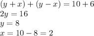 (y + x) +( y - x) = 10 + 6 \\ 2y = 16 \\ y = 8 \\ x = 10 - 8 = 2