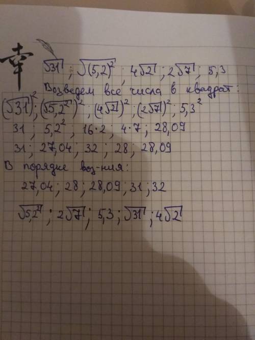 Расположите числа в порядке возрастания: √31; √(5,2)^2; 4√2; 2√7; 5,3. ответ обоснуйте.