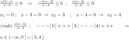 \frac{x(3-x)}{x-4}\geq 0\; \; \; \Rightarrow \; \; \; \frac{-x(x-3)}{x-4}\geq 0\; \; ,\; \; \; \frac{x(x-3)}{x-4}\leq 0\\\\x_1=0\; ;\; \; \; x-3=0\; \to \; x_2=3\; \; \; \; ;\; \; \; x-4=0\; \to \; \; x_3=4\\\\znaki\; \frac{x(x-3)}{x-4}\, :\quad ---[\, 0\, ]+++[\, 3\, ]---(4)+++\qquad \Rightarrow \\\\x\in (-\infty ,0\; ]\cup [\; 3,4\, )