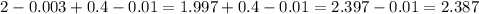 2 - 0.003 + 0.4 - 0.01 = 1.997 + 0.4 - 0.01 = 2.397 - 0.01 = 2.387