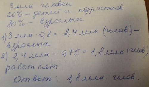 Вгороде живут 3 миллиона человек. среди них 20% детей и подростков. среди взрослых 75% работает. ско