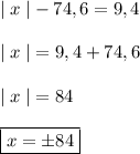 | \; x \; | - 74,6 = 9,4 \\\\ | \; x \; | = 9,4+74,6 \\\\ | \; x \; | = 84 \\\\\boxed { x = \pm 84 }