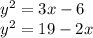 {y}^{2} = 3x - 6 \\ {y}^{2} = 19 - 2x