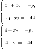 \left \{ {\bigg{x_{1}+x_{2} = -p,} \atop \bigg{x_{1} \cdot x_{2} = -44}} \right.\ \ \ \ \ \ \ \ \ \ \\\left \{ {\bigg{4+x_{2} = -p,} \atop \bigg{4 \cdot x_{2} = -44}}