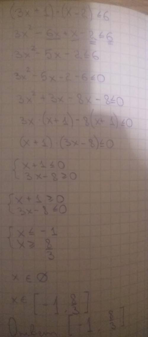 Вності1)(3x+1)(x-2)⩽62)x2-5x-36 менше 03)-6x2+13x-5 більше 0 (усі цілі розв'язки)​