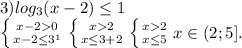 3)log_3(x-2)\leq 1\\\left \{ {{x-20} \atop {x-2\leq 3^1 }} \right. \left \{ {{x2} \atop {x\leq 3+2}} \right. \left \{ {{x2} \atop {x\leq 5}} \right. x\in(2;5].