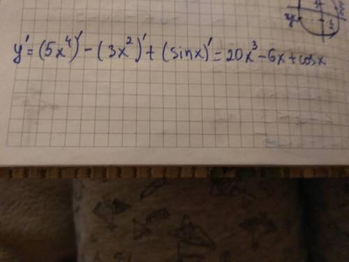 Решите производную y'=(5x^4-3x^2+sinx)'