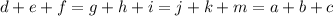 d+e+f=g+h+i=j+k+m=a+b+c