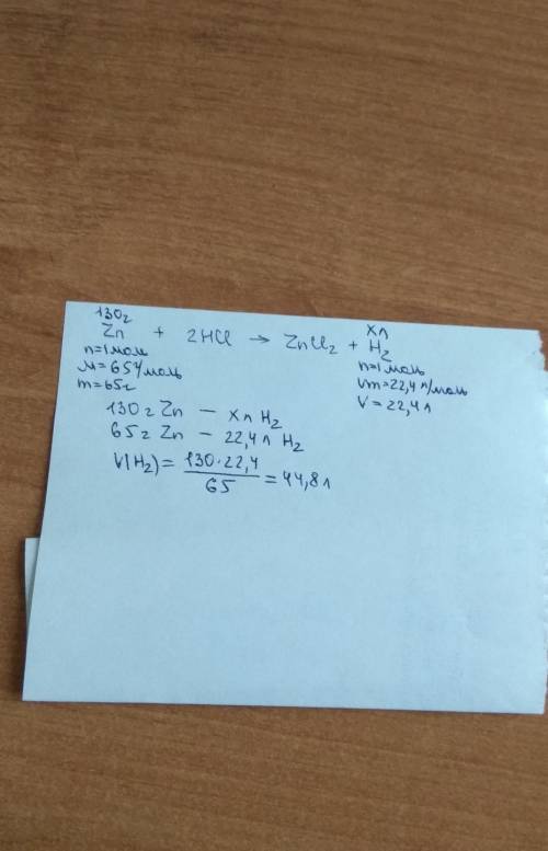 Какой объём водорода можно получить (н.у) при растворении в соляной кислоте 130г zn