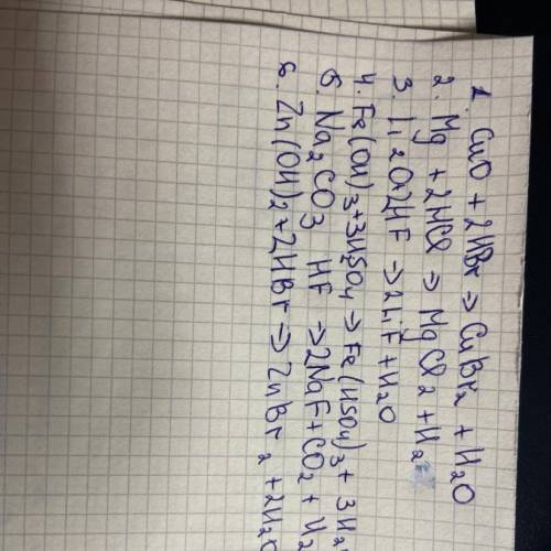 380. составьте уравнения реакций между: а) cuo и hbr; г) mg и ні; б) li20 и hf; д) fe(oh)3 и hso4; в