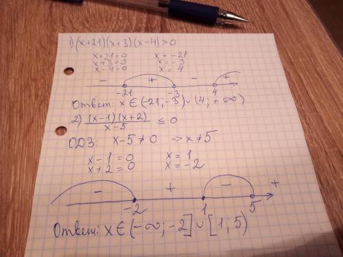 Решите неравенства методом интервалов 1) (x+21)(x+3)(x-4)> 0 2) (x-1)(x+2)/ x-5 3) (2-x)(x-4)/(x-