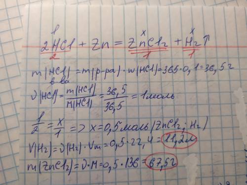 7. к 365г 10%-ного раствора соляной кислоты добавили цинк. вычислитеобъем образовавшегося водорода (