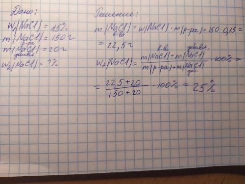 К150 г раствора хлорида натрия с массовой 15% добавили 20 г этой же соли. рассчитайте массовую долю