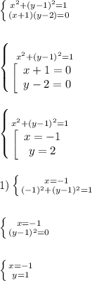 \left \{ {{x^{2}+(y-1)^{2}=1 } \atop {(x+1)(y-2)=0}} \right.\\\\\\\left \{ {{x^{2}+(y-1)^{2}=1} \atop {\left[\begin{array}{ccc}x+1=0\\y-2=0\end{array}\right}} \right.\\\\\\\left \{ {{x^{2}+(y-1)^{2}=1} \atop {\left[\begin{array}{ccc}x=-1\\y=2\end{array}\right}} \right. \\\\\\1)\left \{ {{x=-1} \atop {(-1)^{2} +(y-1)^{2}=1 }} \right.\\\\\\\left \{ {{x=-1} \atop {(y-1)^{2}=0 }} \right. \\\\\\\left \{ {{x=-1} \atop {y=1}} \right.