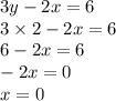 3y-2x=6\\3\times2-2x=6\\6-2x=6\\-2x=0\\x=0