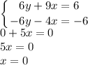 \displaystyle \left \{ {{6y+9x=6} \atop {-6y-4x=-6}} \right.\\0+5x=0\\5x=0\\x=0