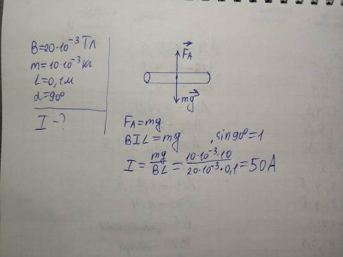 Под действием магнитного поля с индукцией 20 мтл, проводник массой 10 г находится в равновесии. длин