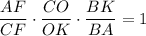 \dfrac{AF}{CF}\cdot \dfrac{CO}{OK}\cdot \dfrac{BK}{BA}=1