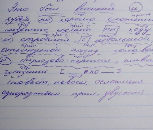 Синтаксический разбор предложения: это был высокий и худой, но хорошо сложенный мужик, легкий на ход