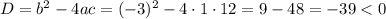 D = b^{2} - 4ac = (-3)^{2} - 4 \cdot 1 \cdot 12 = 9 - 48 = -39 < 0