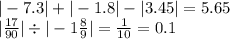 | - 7.3| + | - 1.8| - |3.45 | = 5.65 \\ | \frac{17}{90} | \div | - 1 \frac{8}{9} | = \frac{1}{10} = 0.1 \\