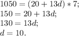 1050 = (20 + 13d) * 7;\\150 = 20 + 13d;\\130 = 13d;\\d = 10.