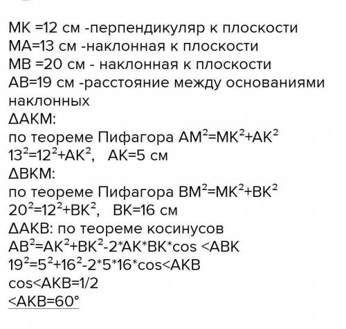 С точки находящейся на расстоянии 12 см от плоскости, проведены к этой плоскости две наклонные длино