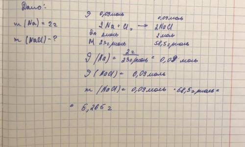 Вычеслите массу хлорида натрия полученного при взаимодействии 2 г натрия с хлором​