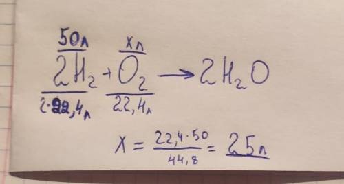 Вычислить объем кислорода, необходимого для сжигания 50 литров водорода.