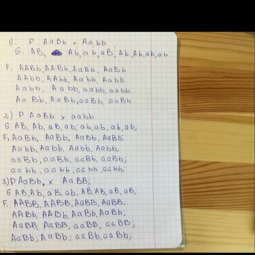 Скрестить (родители, гаметы,потомки) 1)AaBb x Aabb 2)AaBb x aabb 3)AaBb x AaBB