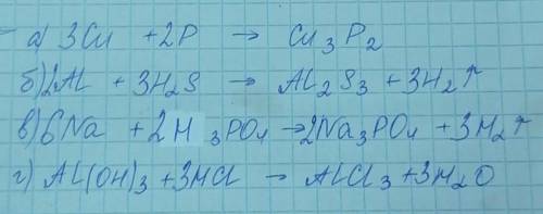 Расставьте коэффициенты в уравнениях реакций a)Cu+P->Cu3P2б)Al+H2S->Al2S3+H2в)Na+N3PO4->Na3