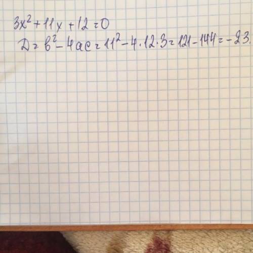 Найди дискриминант квадратного уравнения 3x^2+11x+12=0. ответ: D=