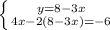 \left \{ {{y=8-3x} \atop {4x-2(8-3x)=-6}} \right.